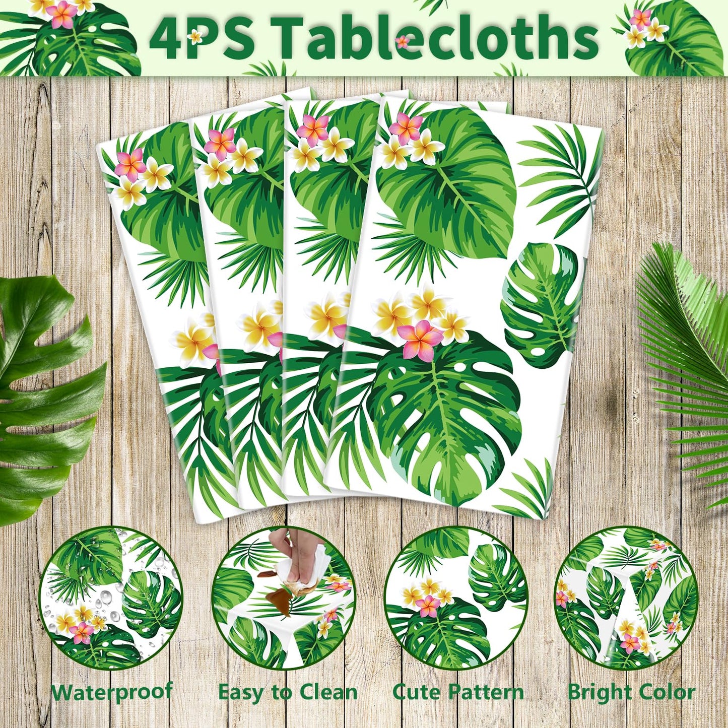 4 Pack Hawaiian Luau Tablecloths Tropical Palm Leaves Table Cloth Hawaiian Luau Table Cover Palm Leaves Table Cloth Baby Birthda