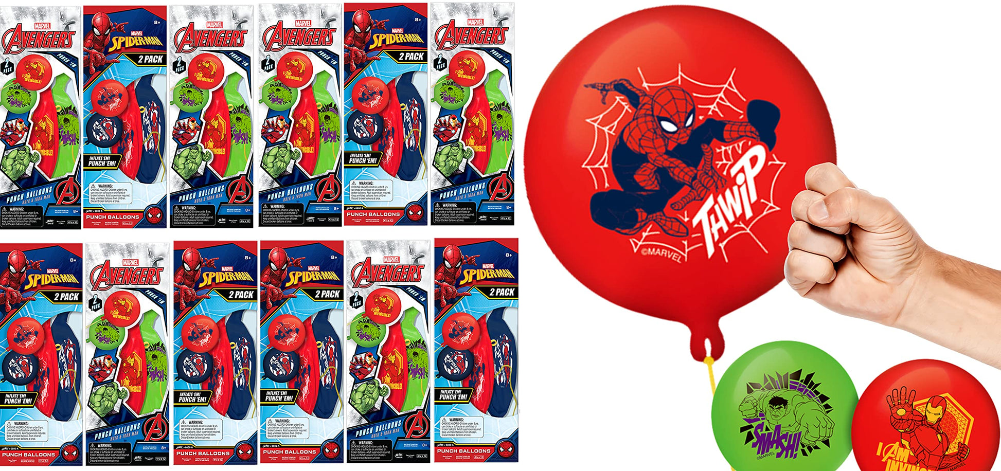 Ja-Ru Marvel Avengers Inflatable Punch Balloons (12 Pack With 24 Punch Balls) Spiderman, Hulk & Iron Man. Super Hero Punching Bag For Kids. Big Bouncy Ball. Birthday Toys Supplies. 6800-12