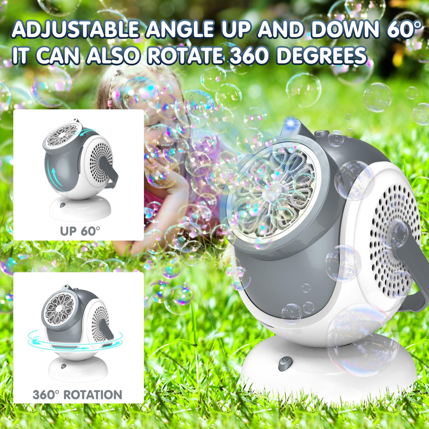 Big Bubble Machine - Automatic Bubbles Blower for Kids  Toddlers - 360?Oscillation & 75?Adjustment  Bubble Toys with LED Light - Gifts for Boys  Girls  Easter  Outdoor  Birthday  Party Use
