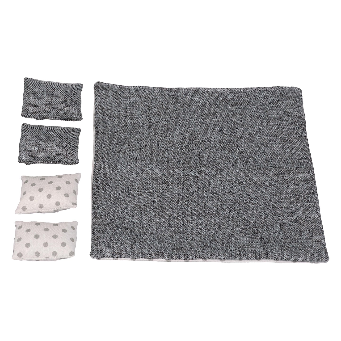 Dollhouse Bedding, 5 Piece Set With Comforter & Pillows, Blanket, Realistic Bedroom Accessories For 6 Inch Dolls, 1/12 Scale, Gray And White Linen