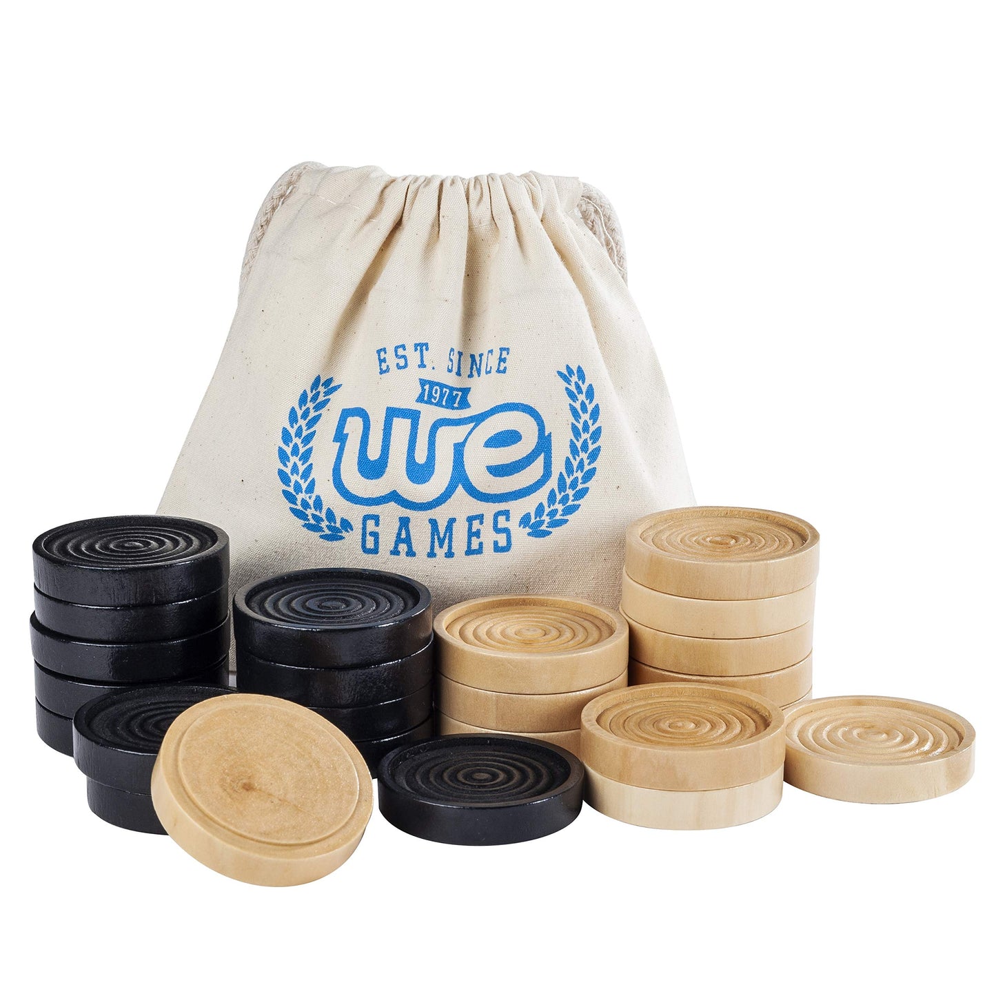 WE Games Wooden Checkers Pieces - 2" Natural & Black Stained, Stackable Ridges with Drawstring Bag - Replacement Game Pieces