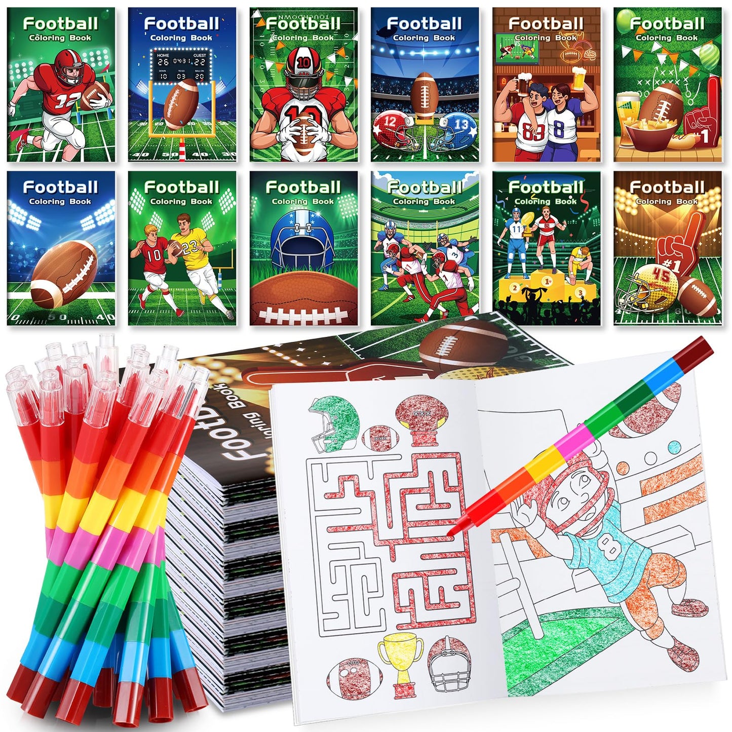 BenLouis 12 Football Mini Coloring Books Kids with 12 Stacking Crayons Sports Football Theme Party Favors Small Activity Books B