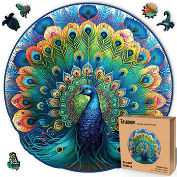 Leogor Mosaic Wooden Jigsaw Puzzles For Adults With Whimsical Pieces – 200 Piece Beautiful Peacock Puzzle With Unique Animal-Shaped Wood Pieces – Nature Inspired Design, Medium 12'' X 12''