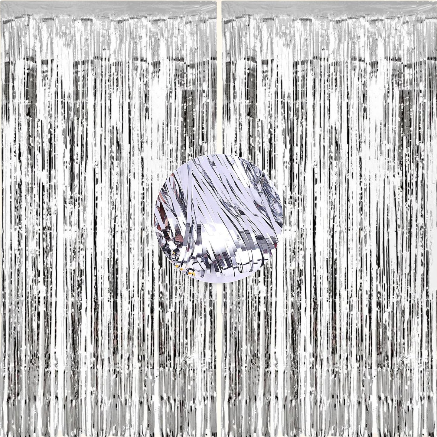 The Fomo Factory 5 Feet Silver Tinsel Foil Fringe Curtains, Pack Of 2 | Backdrop For Birthday, Bachelorette, Anniversary, Baby S
