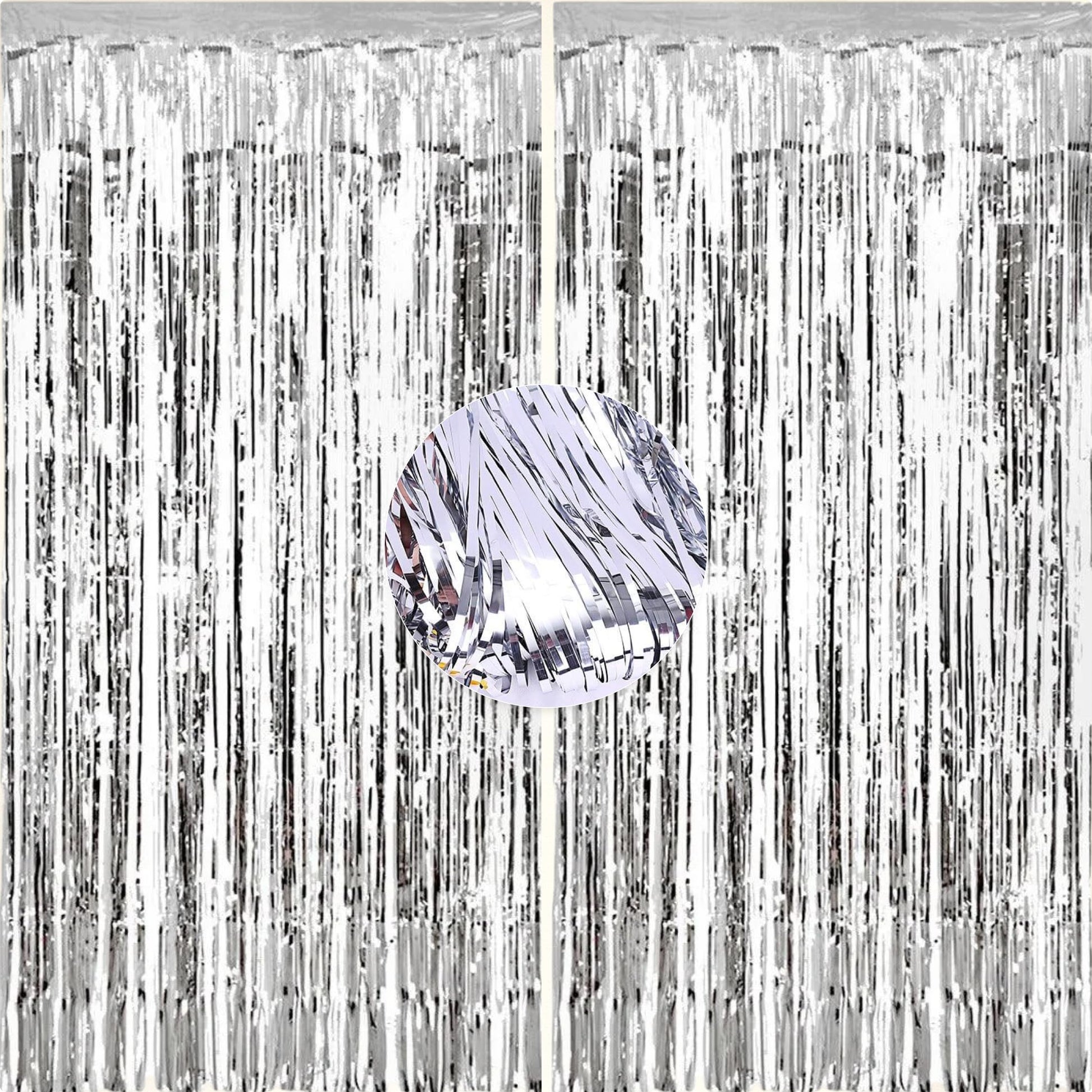 The Fomo Factory 5 Feet Silver Tinsel Foil Fringe Curtains, Pack Of 2 | Backdrop For Birthday, Bachelorette, Anniversary, Baby S