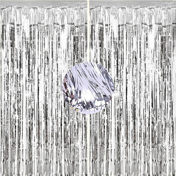 The Fomo Factory 5 Feet Silver Tinsel Foil Fringe Curtains, Pack Of 2 | Backdrop For Birthday, Bachelorette, Anniversary, Baby S