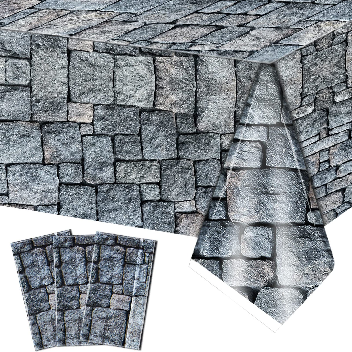 3 Packs Cobblestone Tablecloth Stone Printed Table Cover Medieval Table Decoration Plastic Tablecloth Stone Brick Tablecovers fo