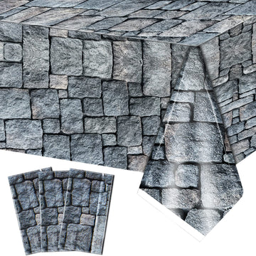 3 Packs Cobblestone Tablecloth Stone Printed Table Cover Medieval Table Decoration Plastic Tablecloth Stone Brick Tablecovers fo