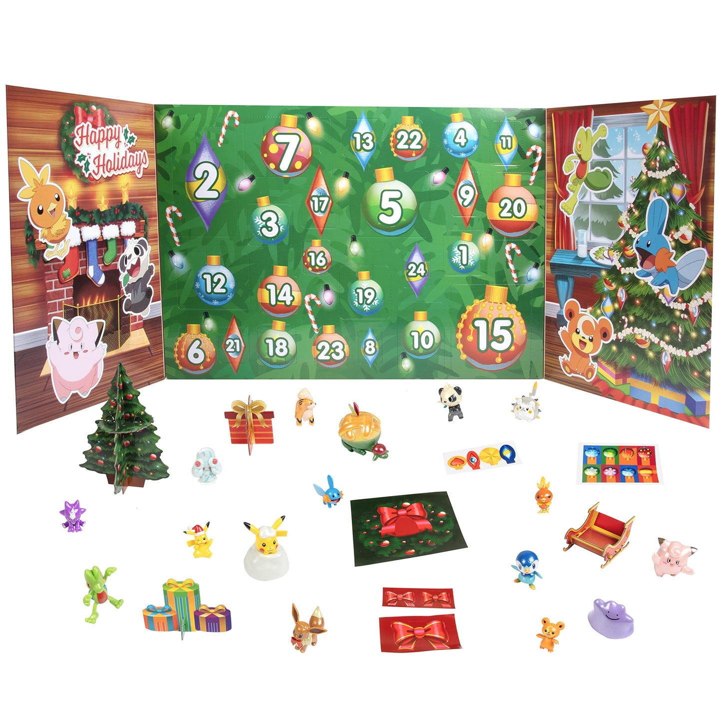Pokemon Holiday Advent Calendar for Kids  24 Piece Gift Playset - Set Includes Pikachu  Eevee  Jigglypuff and More - 16 Toy Character Figures & 8 Christmas Accessories - Ages 4+
