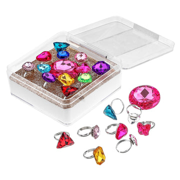 RICHNESS Adjustable Little Girl Jewel Rings Kids Gift Play Rings Multi Shapes Colorful Princess Pretend Jewel Rings Box Packed 1