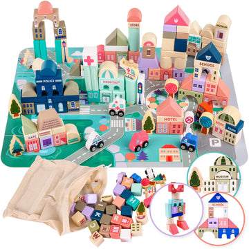 Kinderplay Kp8464 Green Series 115 Elements Building Set For 2 Years | Wooden Blocks For Playing - Wooden Building Block | Road 