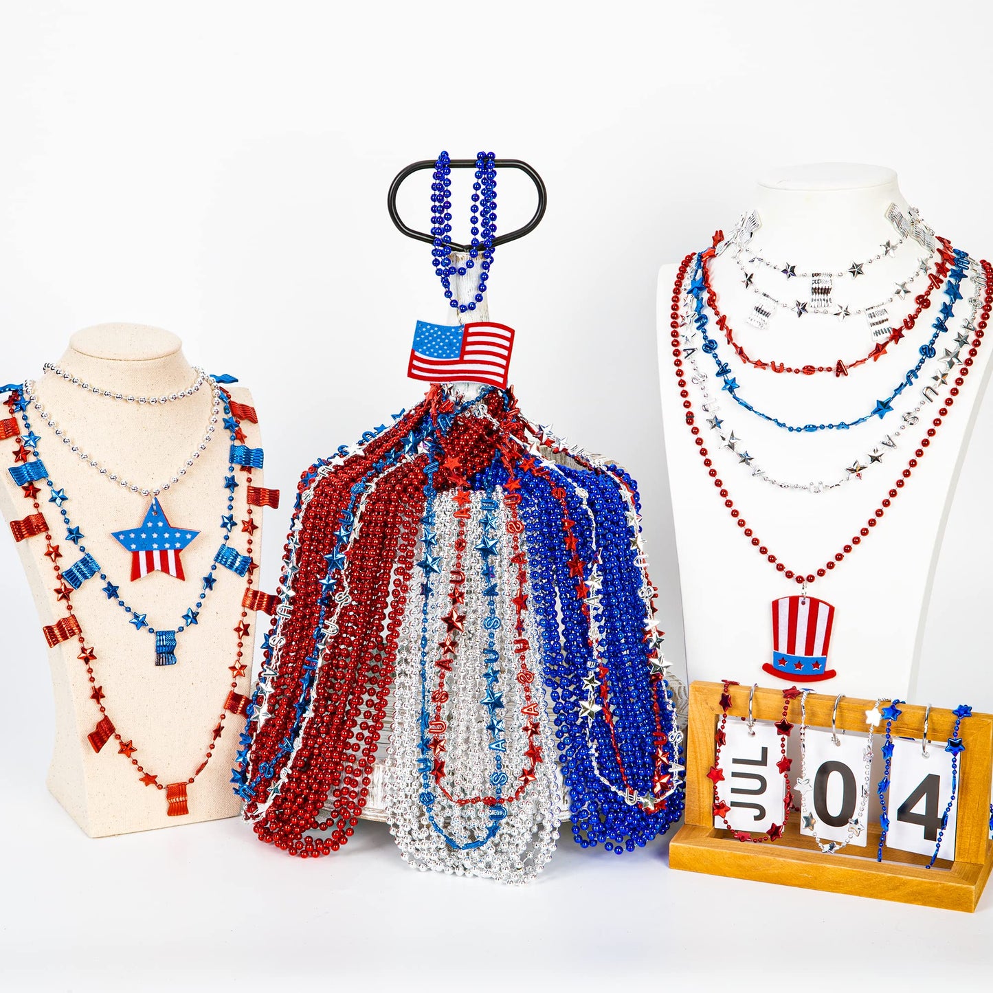 EOBOH 4th of July Necklace Accessories, 24PCS Independence Day Beads Necklaces Bulk, 15 Kinds Fourth of July Red Blue White Star