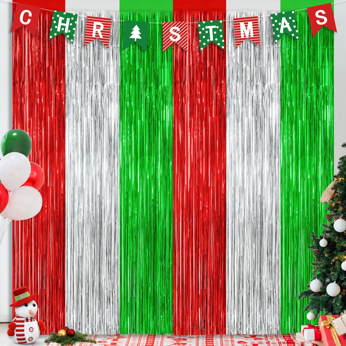 2 Pack Christmas Backdrop, 3.28 FT x 7.05 FT Red Silver Green Party Streamer, Metallic Xmas Backdrop Fringe Curtains Foil Tinsel