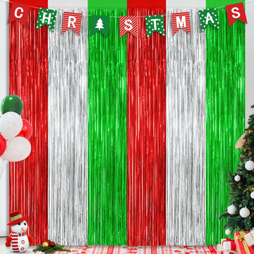 2 Pack Christmas Backdrop, 3.28 FT x 7.05 FT Red Silver Green Party Streamer, Metallic Xmas Backdrop Fringe Curtains Foil Tinsel