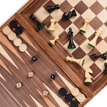 A&A 16 Inch Deluxe 3 In 1 Wooden Backgammon Set-Chess Set With Checkers/ 3.0 Inch King Height Staunton Chess Pieces/Walnut Box W/Cherry Wood & Maple Inlay / 2 Extra Queen/Classic Board Games
