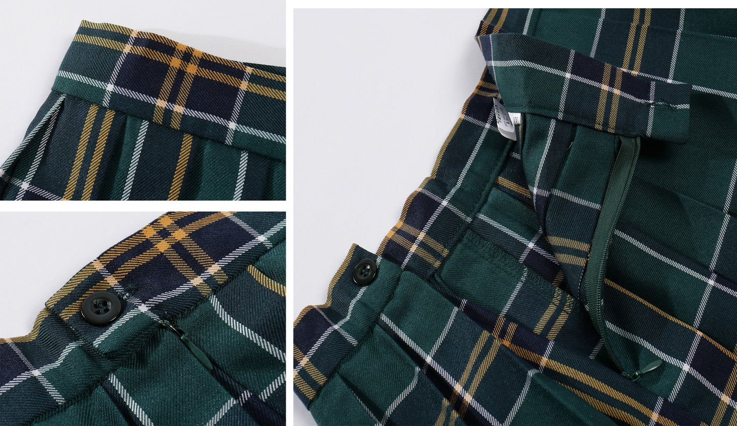 Girl'S School Uniform Plaid Pleated Costumes Skirts (M, Dark Green Mixed White)