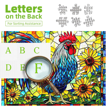 MINIWAN Stained Glass Rooster 1000 Piece Puzzle for Adults - Colorful Mosaic Jigsaw with Letters on Back, Challenging Family Fun