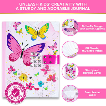 Decorably Glittery A5 Butterfly Diaries For Kids With Lock Code And Music, 80 Sheets Journal For Girls Ages 8-12, Little Girls D