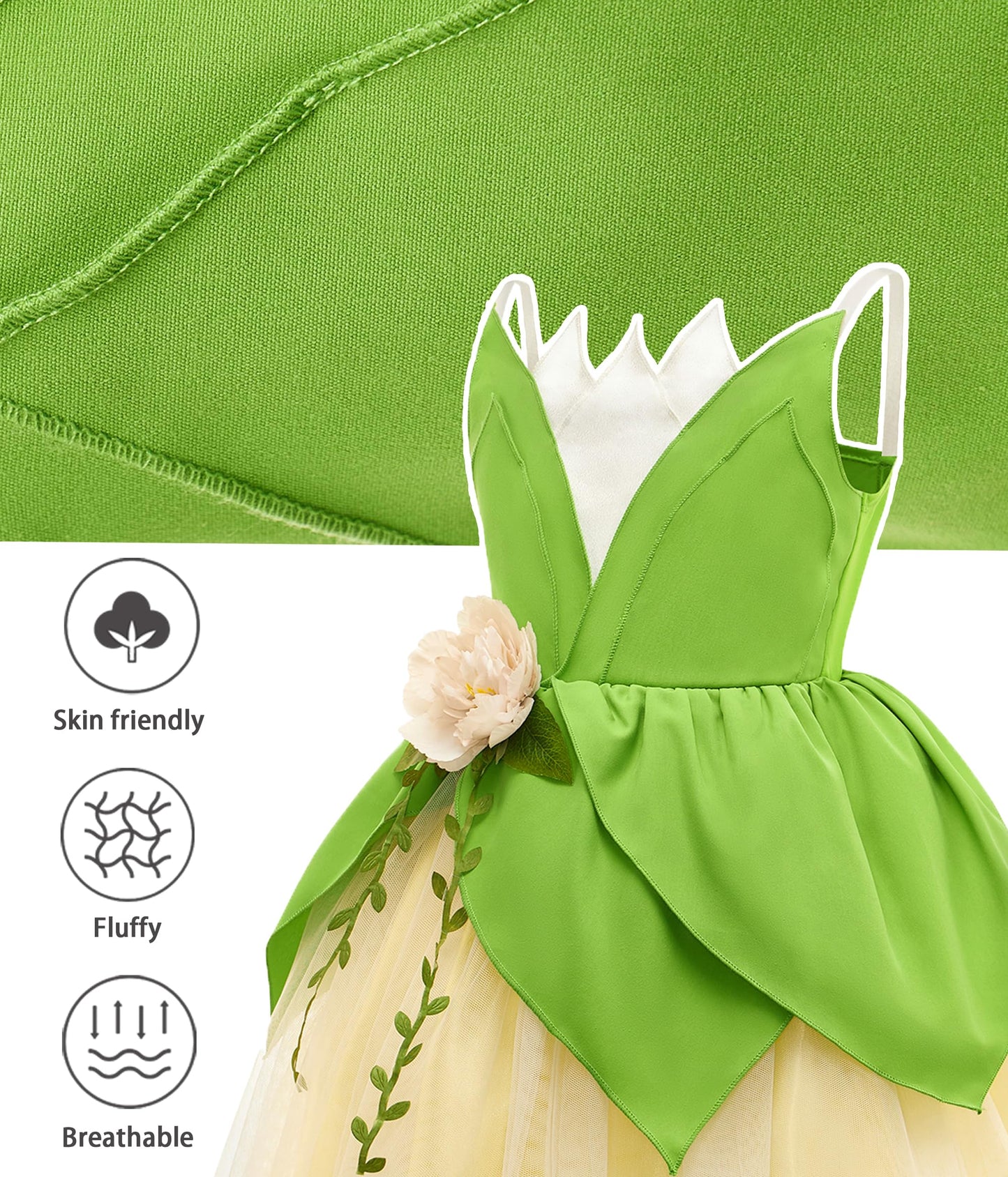 MDYCW Princess Tiana Halloween Costume for Girls, Frog Dress Up Cosplay Birthday Party Outfits
