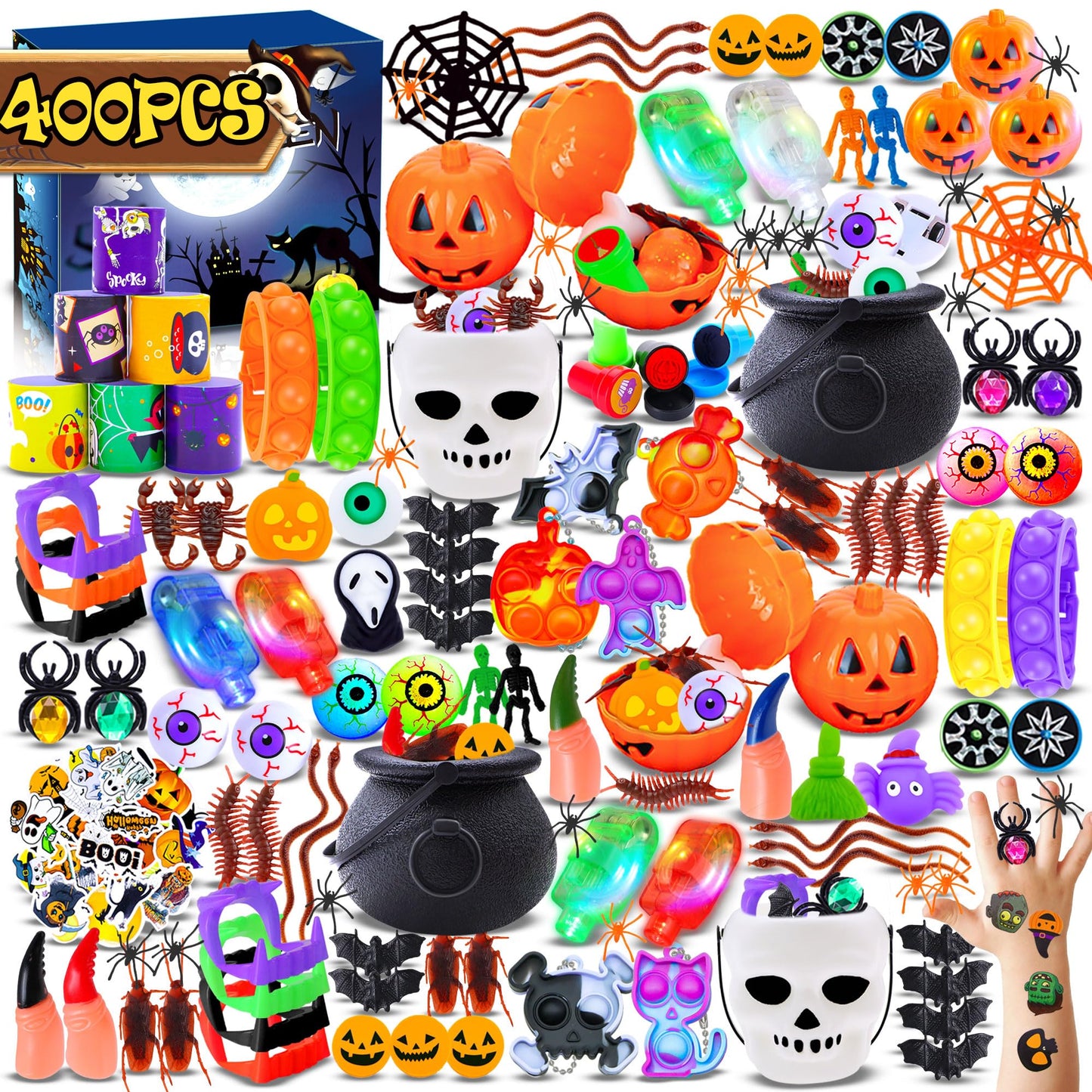 400Pcs Halloween Party Favors For Kids, Halloween Toys Bulk, Classroom Prizes, Goodie Bag Stuffers,Halloween Stuffers,Treasure B