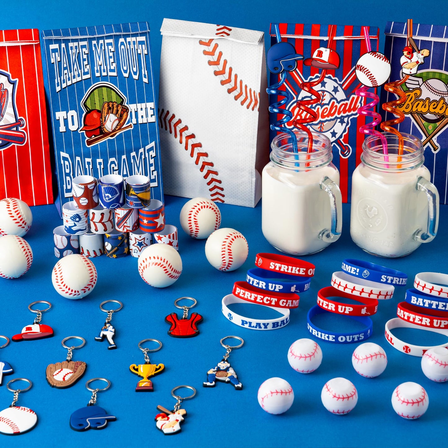DMIGHT Baseball Party Favors Set, 132PCS Goodie Bags, Stickers, Keychains, Blue and Red, Model BASEBALL W2, Birthday Decorations