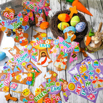 Watersay 48 Set Religious Easter Craft Kit DIY Christian Cross Crafts Sticker Make Your Own Jesus Ornament for Sunday School VBS