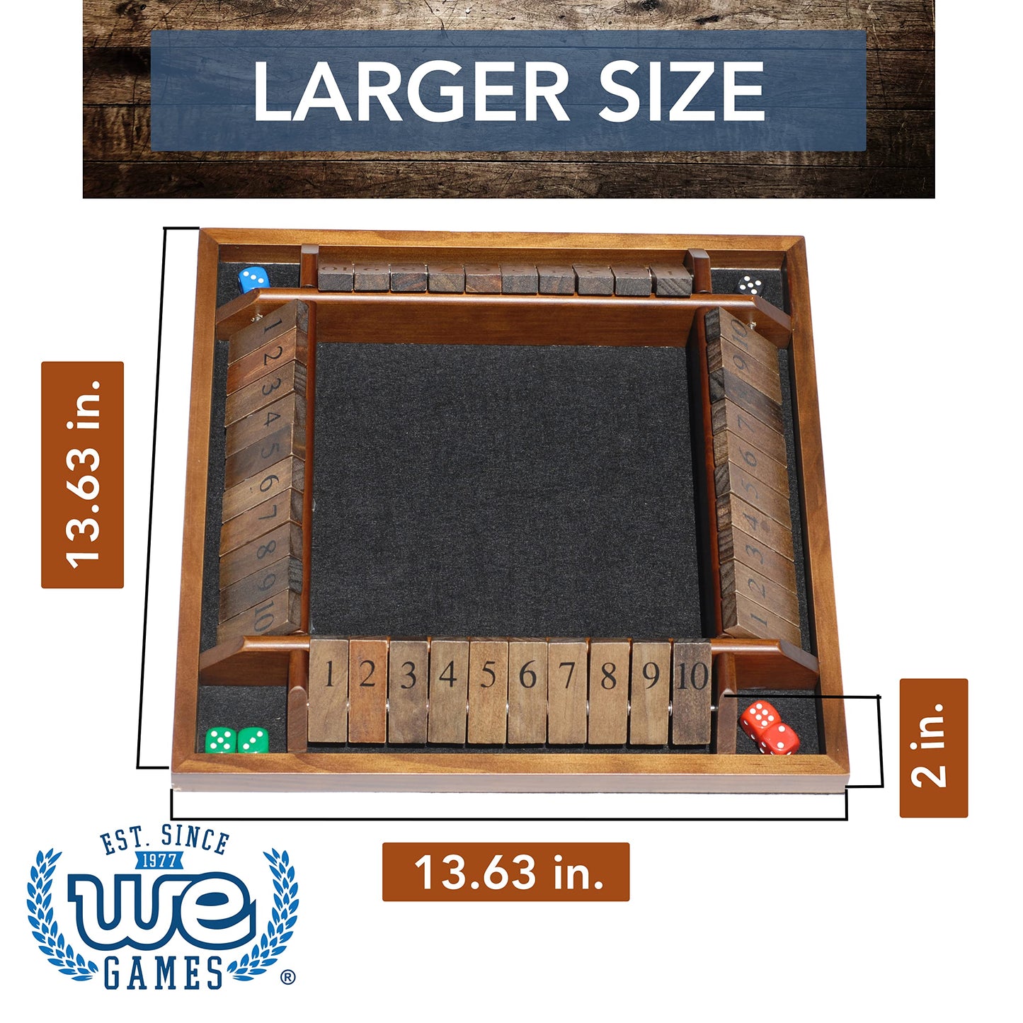 WE Games 14" Shut The Box Wooden Board Game, Walnut Stain, for 1-4 Players, Model 497410