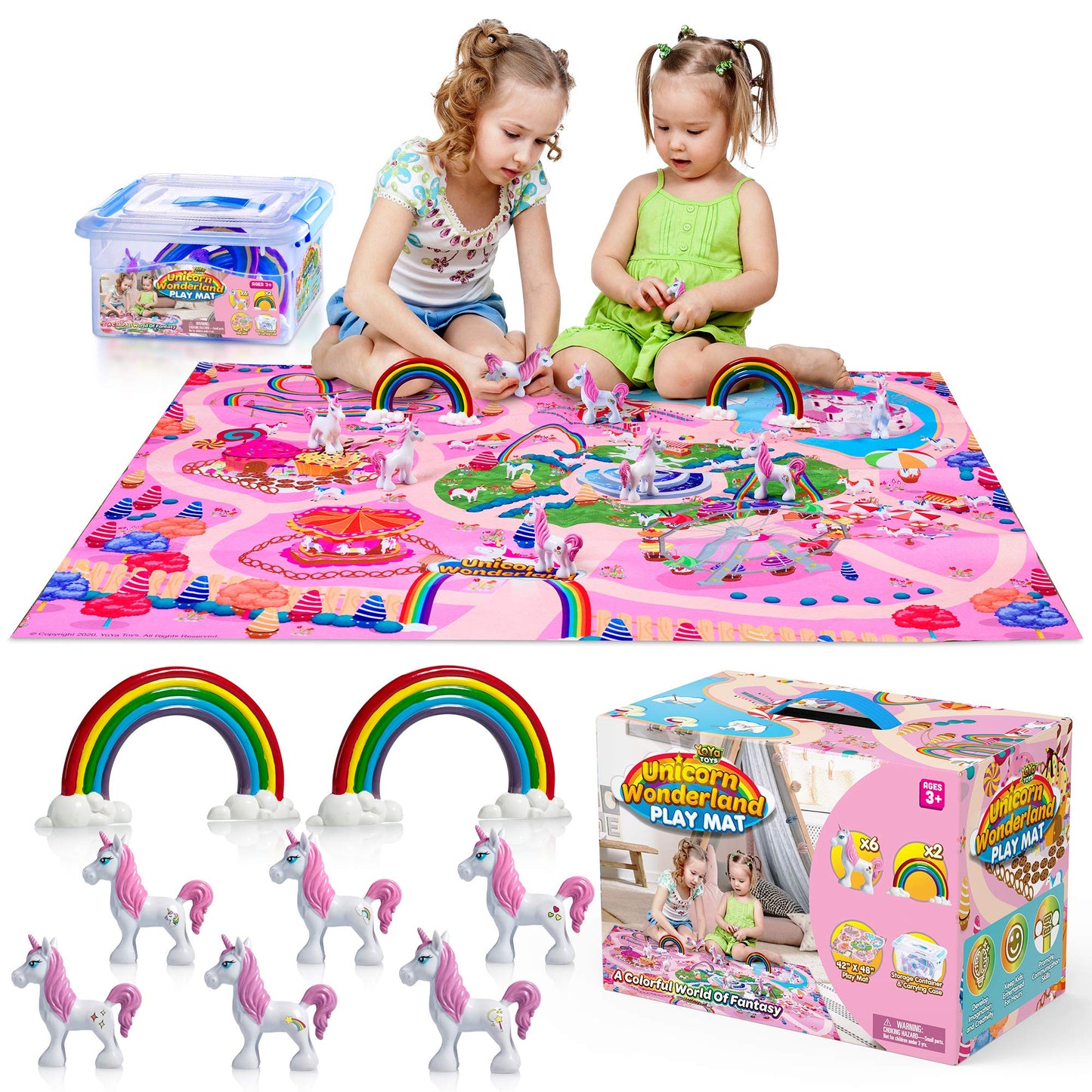 Yoya Toys Unicorn Playmat - Pretend Play Set For Kids - 8 Pcs Unicorns And Rainbows Figures - Educational Imaginative Activity Rug Toy - Floor Mat Playset Gift For Girls 3 4 5 6 7 8 Year Old Toddlers