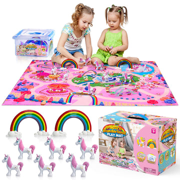 Yoya Toys Unicorn Playmat - Pretend Play Set For Kids - 8 Pcs Unicorns And Rainbows Figures - Educational Imaginative Activity Rug Toy - Floor Mat Playset Gift For Girls 3 4 5 6 7 8 Year Old Toddlers