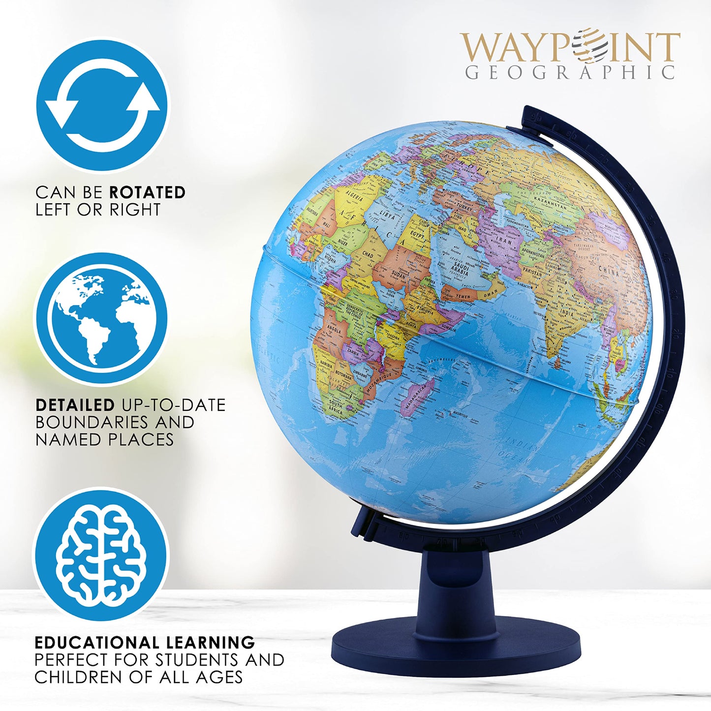Waypoint Geographic Scout+ Illuminated With Map, World Globe For Kids, Decorative Classroom Globe With Stand, More Than 4000 Places, 12” Interactive Globe, Bonus Map Included, Blue