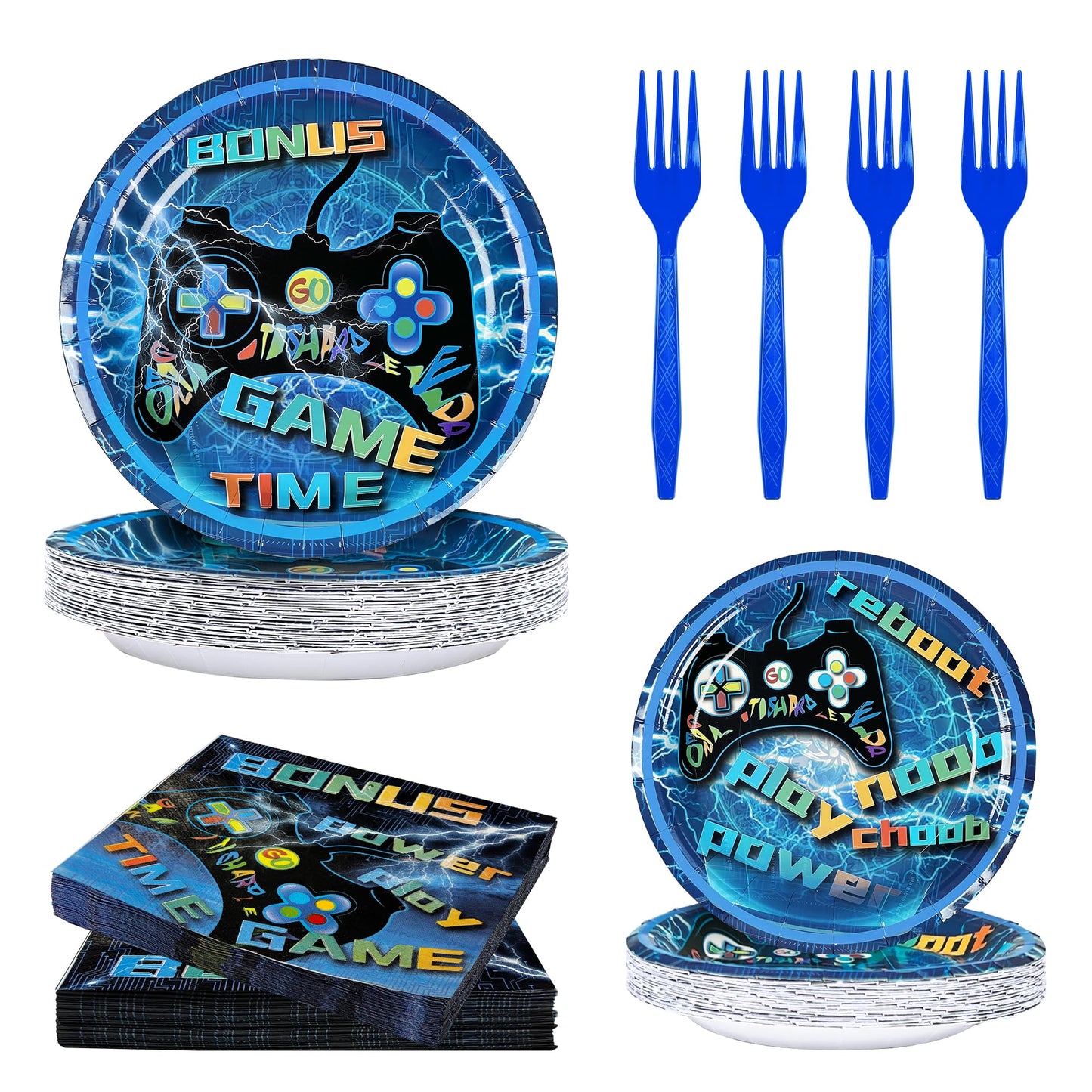 Lmjunzz Video Game Party Supplies 120 Pcs Set - Plates, Napkins, Forks, Perfect For Boys Birthday, Baby Shower, Serves 30