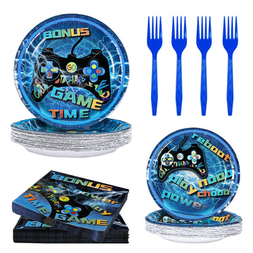 Lmjunzz Video Game Party Supplies 120 Pcs Set - Plates, Napkins, Forks, Perfect For Boys Birthday, Baby Shower, Serves 30