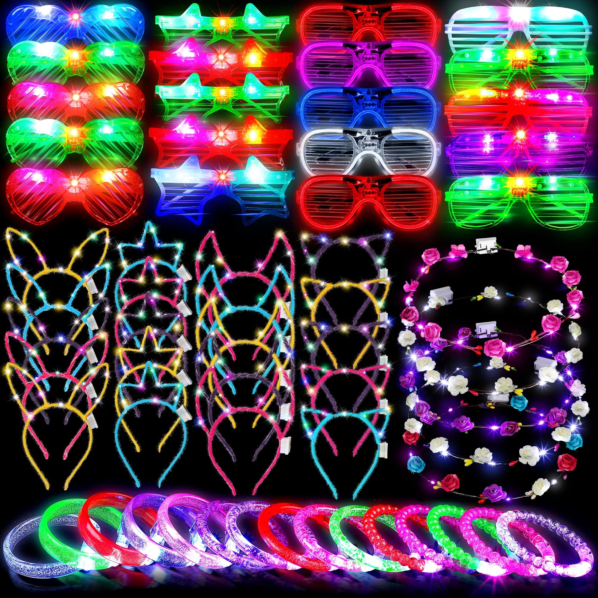 ADXCO 60 Pieces Glow in the Dark Party Supplies Neon Party Favor LED Light Up Party Favors with Flashing Glasses Flower Headband