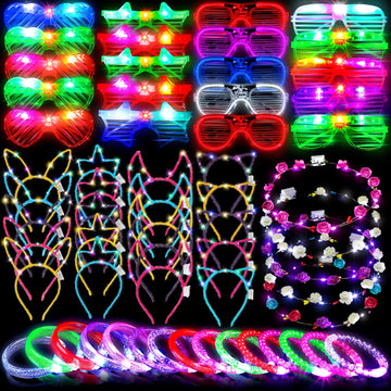 ADXCO 60 Pieces Glow in the Dark Party Supplies Neon Party Favor LED Light Up Party Favors with Flashing Glasses Flower Headband