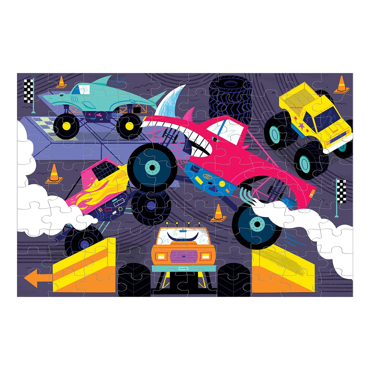 Mudpuppy Monster Trucks - 100 Piece Glow In The Dark Puzzle With Colorful Scene Of Cars And Trucks And Hidden Puzzle Details In