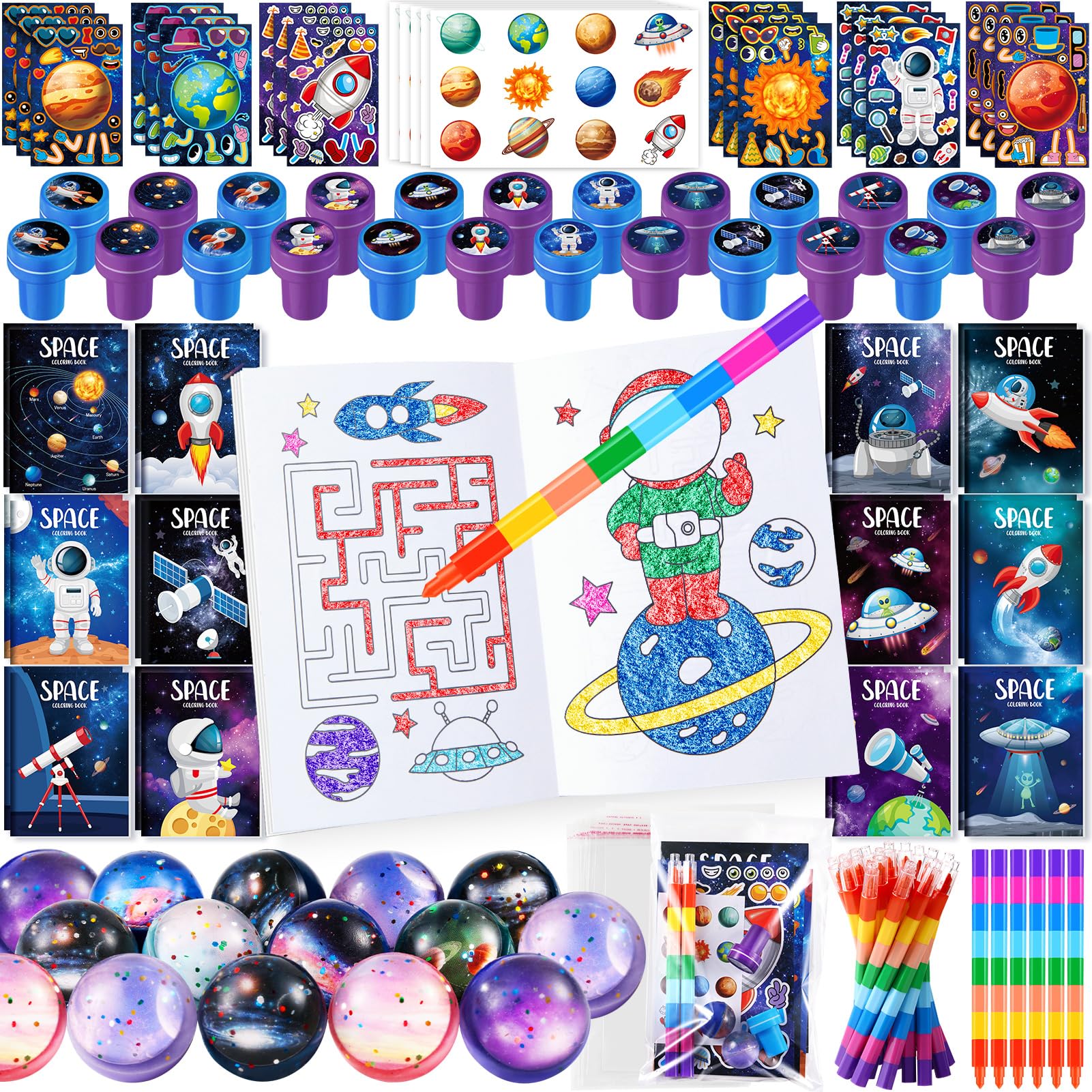 BenLouis 168Pcs Outer Space Themed Party Favors Space Alien Coloring Books Crayons Sticker Stampers Set Bulk Classroom Prizes fo