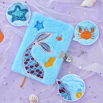 Wernnsai Plush Mermaid Notebook - Sparkly Embroidery Girls Diary With Lock Journal For Kids Girls Birthday Christmas Valentine Gift Travel School A5 Secret Diary Writing Drawing Notepad