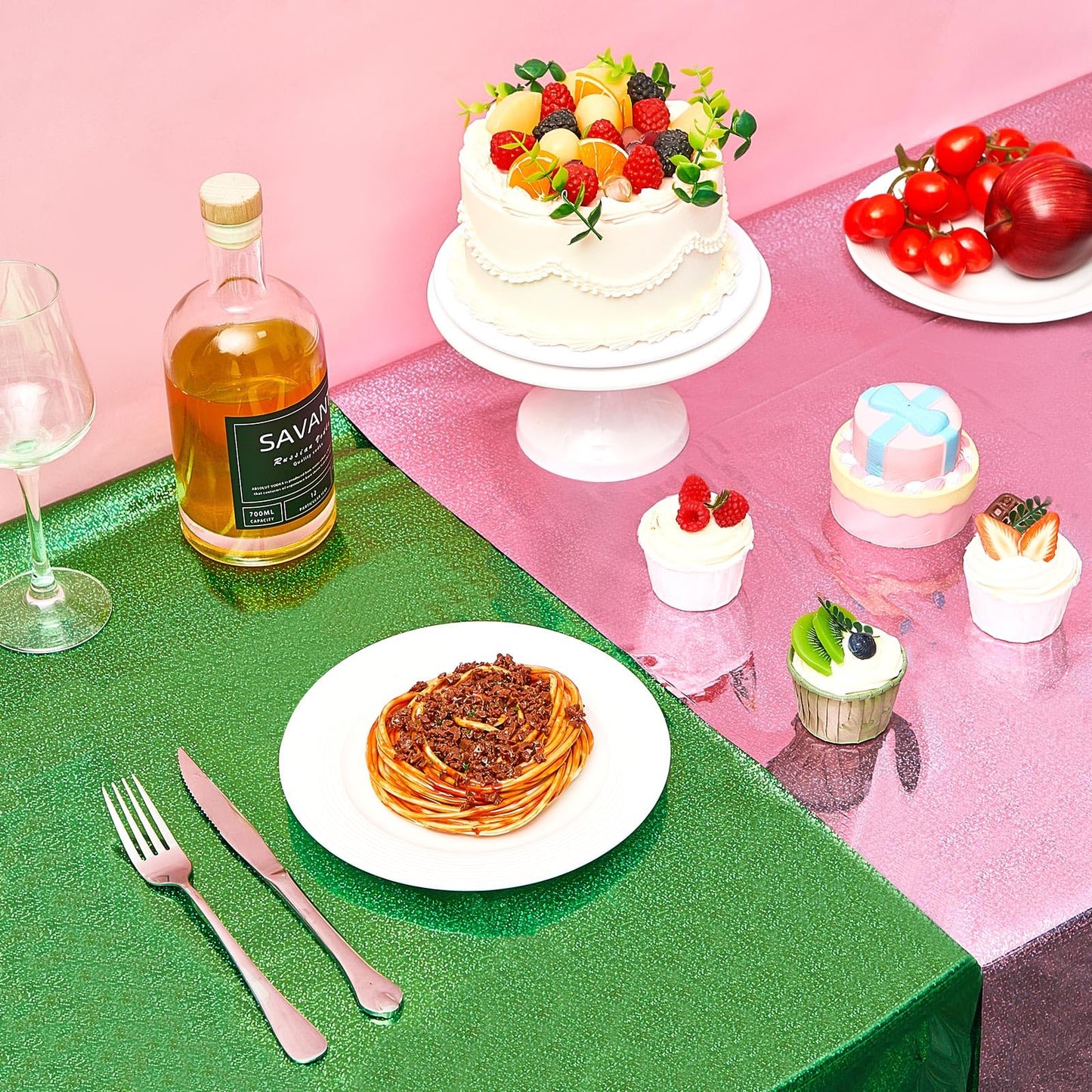 LOYIM 4 Pcs Holographic Tablecloth for Party Pink and Green 54  x 108  Iridescent Metallic Plastic Glitter Laser Table Covers Wi