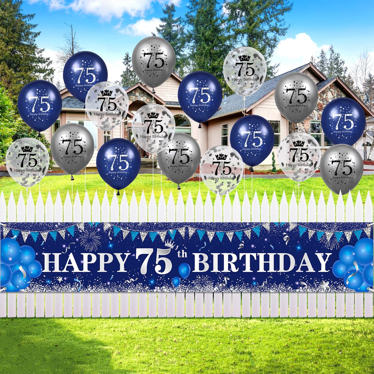 Rumia Blue 75Th Birthday Decorations For Men Women, Navy Blue Silver Happy 75Th Birthday Yard Banner, Blue 75Th Birthday Balloons For 75Th Birthday Anniversary Party Decorations Supplies (A9143)