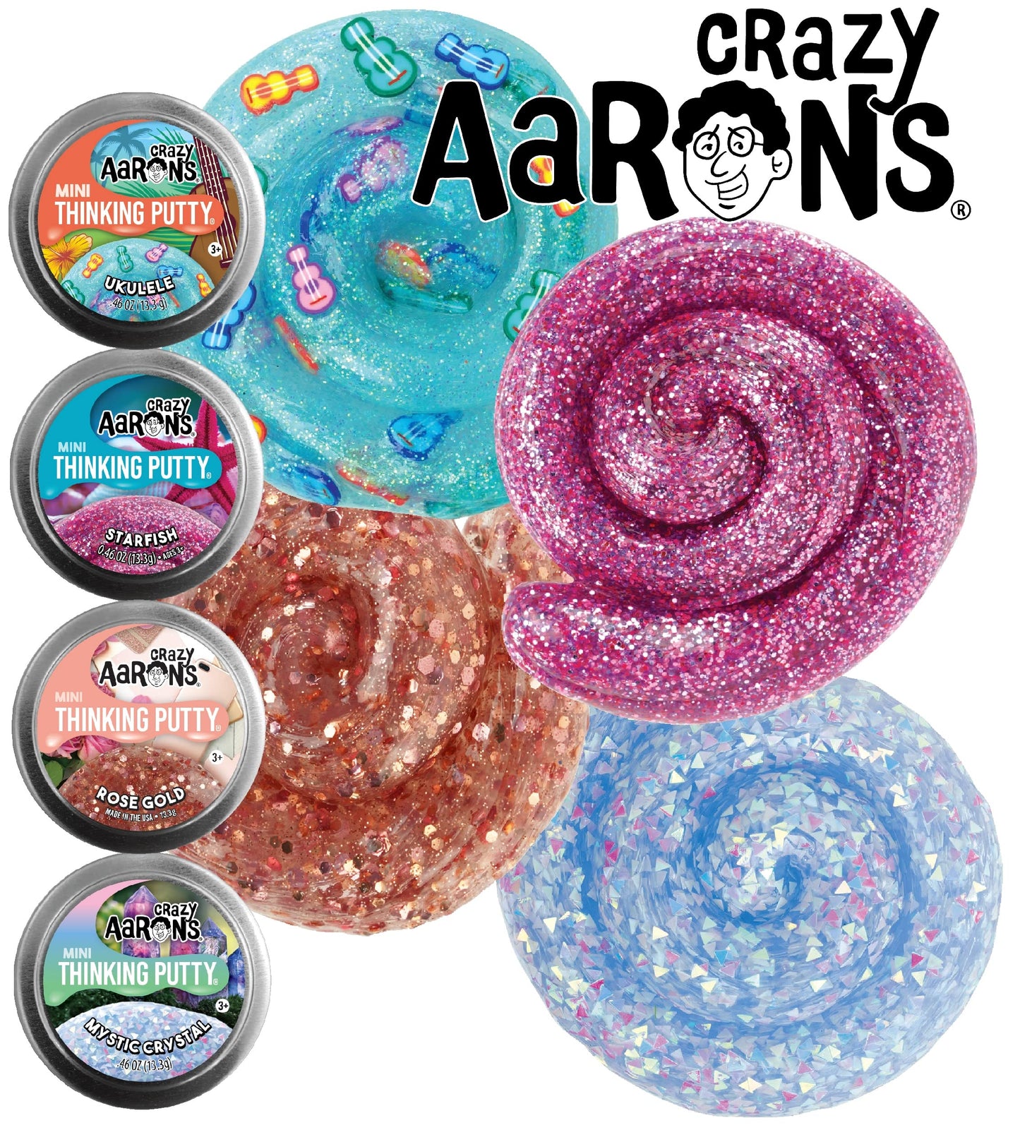 Crazy Aaron'S Putty Mini Tins Mystical Crystal, Ukulele, Starfish & Rose Gold Gift Set Bundle - 4 Pack (13.3G Each)