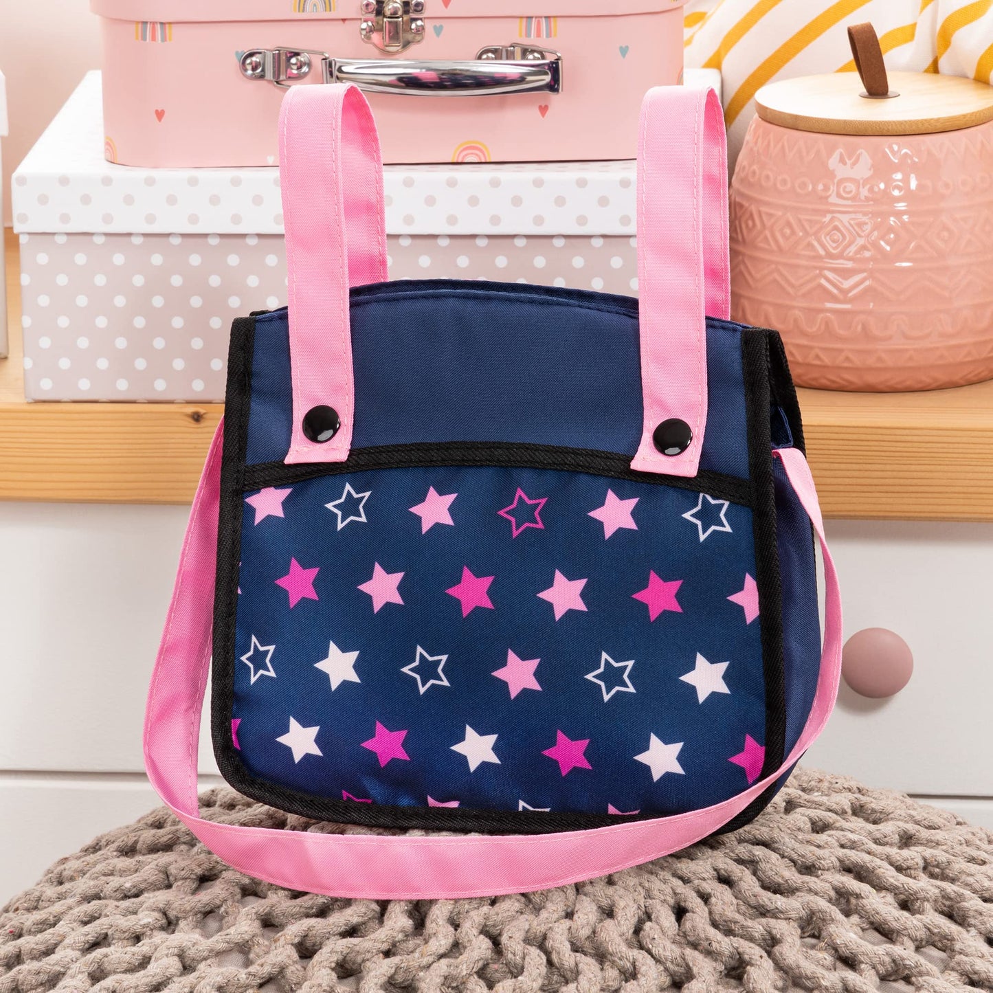 Bayer Design Dolls: Xeo Twin Pram: Stars Navy & Pink - Matching Handbag, Adjustable Handle, Dolls Up to 20, Ages 3+