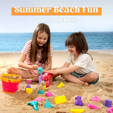Sloosh Beach Sand Toys Set - Pink Dump Truck Car Toys with Sand Molds Toddlers Outdoor Play, Collapsible Buckets Mesh Bag Sand S