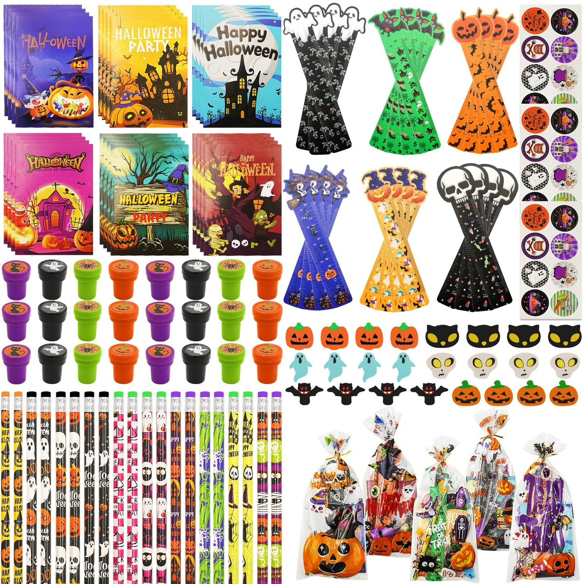 Govetom 24Pack Halloween Party Favor for Kids, Halloween Stationery Set with Goody Treat Bags, Halloween Bulk Toy for Class, Sp