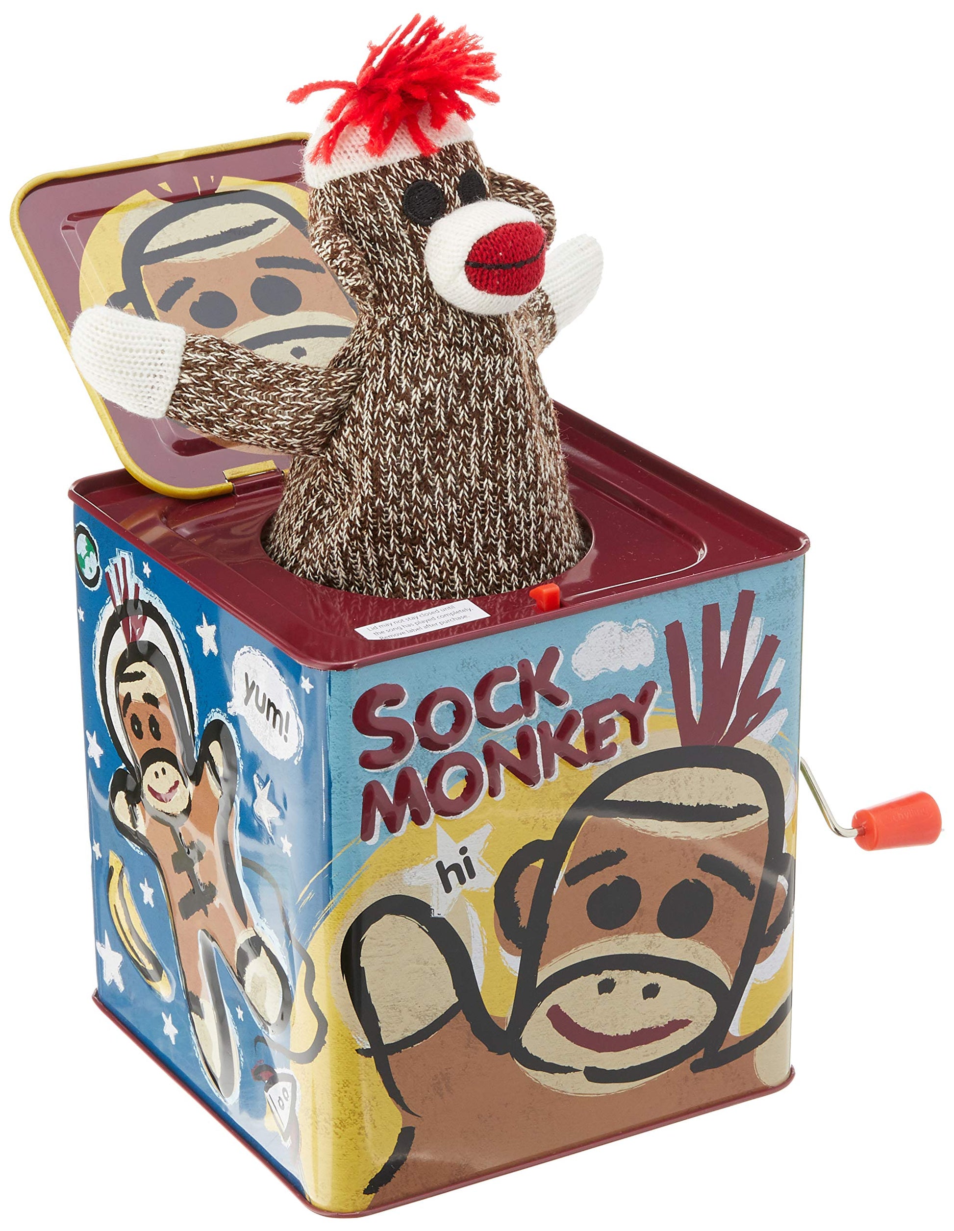Sock Money Jack in the Box - Timeless Childrens Musical Toy - Colorful Embossed Tin Box and Classic Sock Monkey Design - Age 18