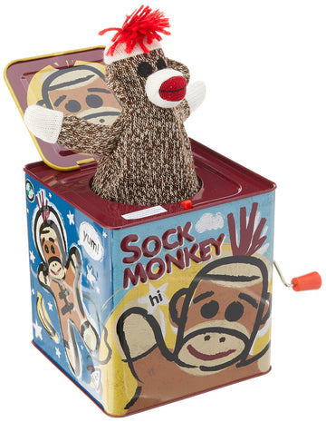 Sock Money Jack in the Box - Timeless Childrens Musical Toy - Colorful Embossed Tin Box and Classic Sock Monkey Design - Age 18