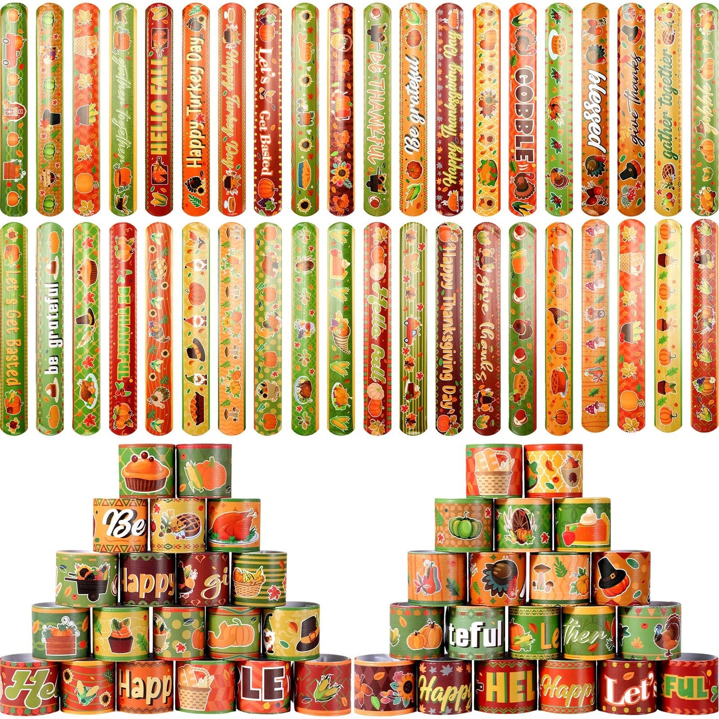 Jenaai 200 Pcs Slap Bracelets bulk Thanksgiving Maple Leaf Themed Fall Holiday Wristbands Turkey Snap Bracelets Autumn Slap Band