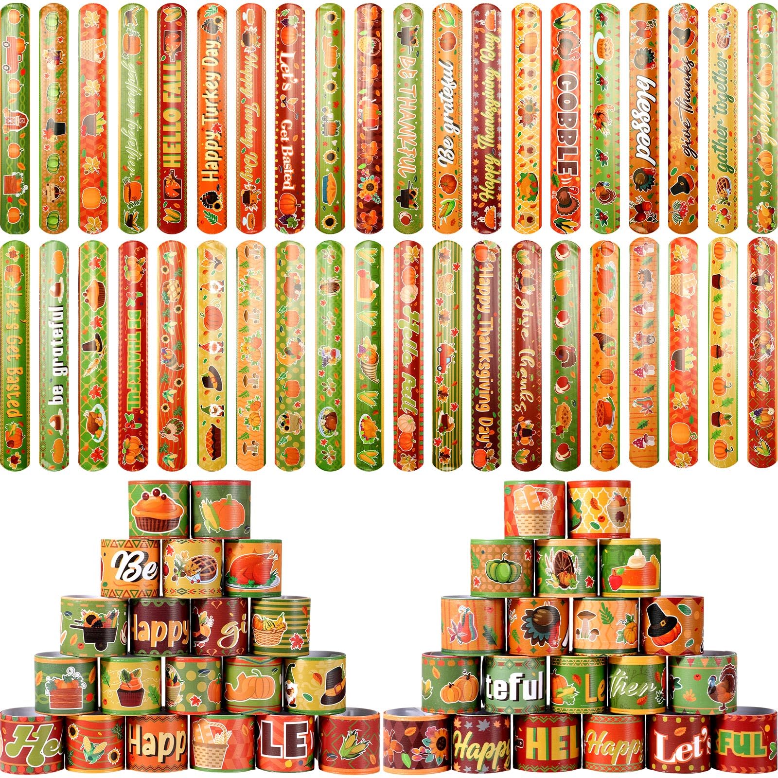 Jenaai 200 Pcs Slap Bracelets bulk Thanksgiving Maple Leaf Themed Fall Holiday Wristbands Turkey Snap Bracelets Autumn Slap Band