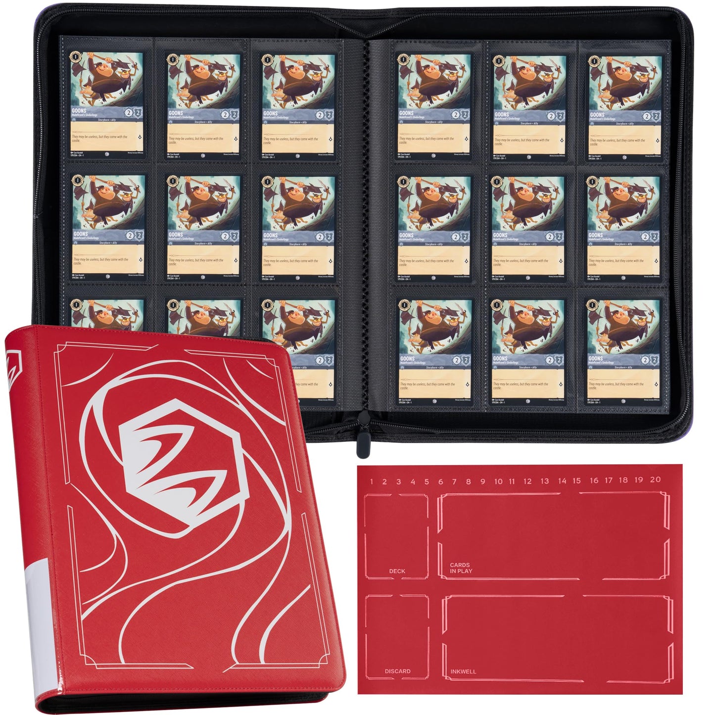 Binder for Lorcana Cards  enhanced 9 Pocket Trading Card Album with 500 Pockets & Playmat Compatible with Lorcana Cards  Tokens and Rules sheet - Classic Red