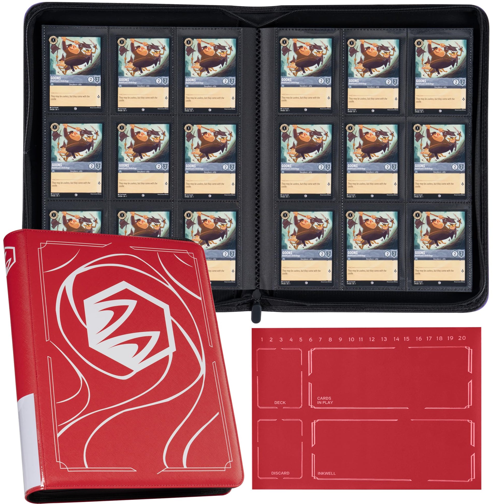 Binder for Lorcana Cards  enhanced 9 Pocket Trading Card Album with 500 Pockets & Playmat Compatible with Lorcana Cards  Tokens and Rules sheet - Classic Red