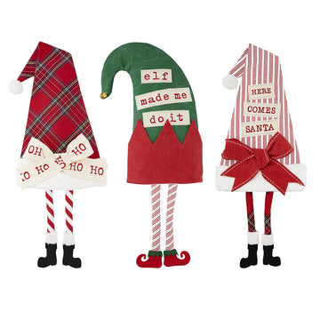 Mud Pie Christmas Dangle Leg Hat Sitter, 30" x 13.5", Canvas, Ho Ho Ho, Model 40030133H